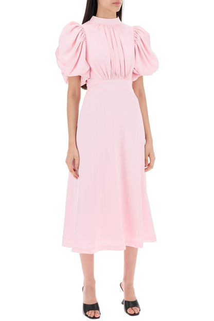 Midi Satin Dress With Balloon Sleeves  - Pink