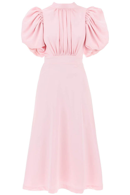 Midi Satin Dress With Balloon Sleeves  - Pink