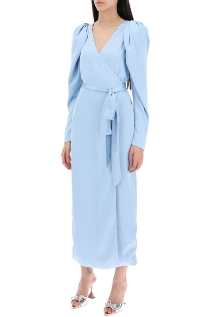 Satin Wrap Midi Dress With A Crossover  - Light Blue