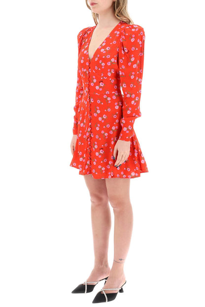 Floral Printed Satin Mini Dress  - Red