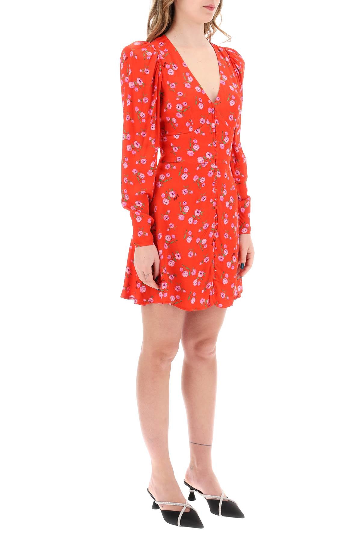 Floral Printed Satin Mini Dress  - Red