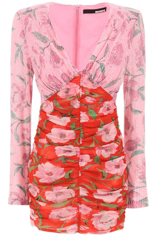 Mini Dress With Floral Print And Sequins Embell  - Pink