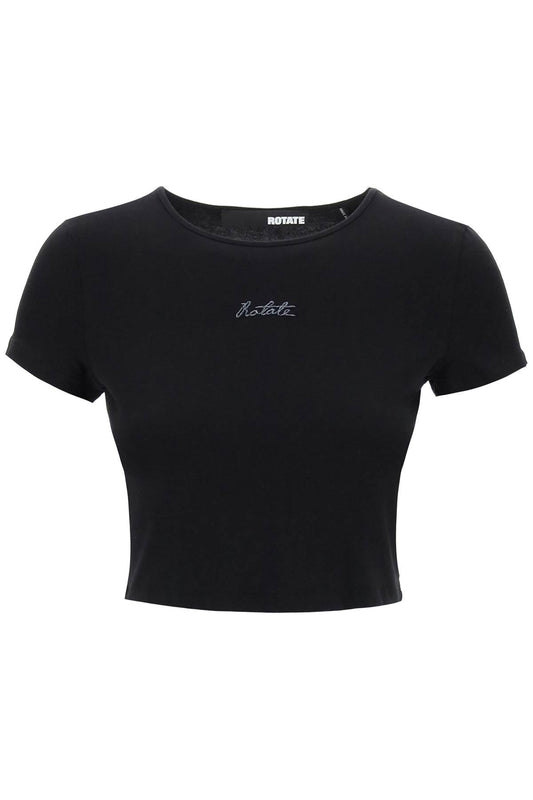 Cropped T-shirt With Embroidered Lurex Logo  - Black