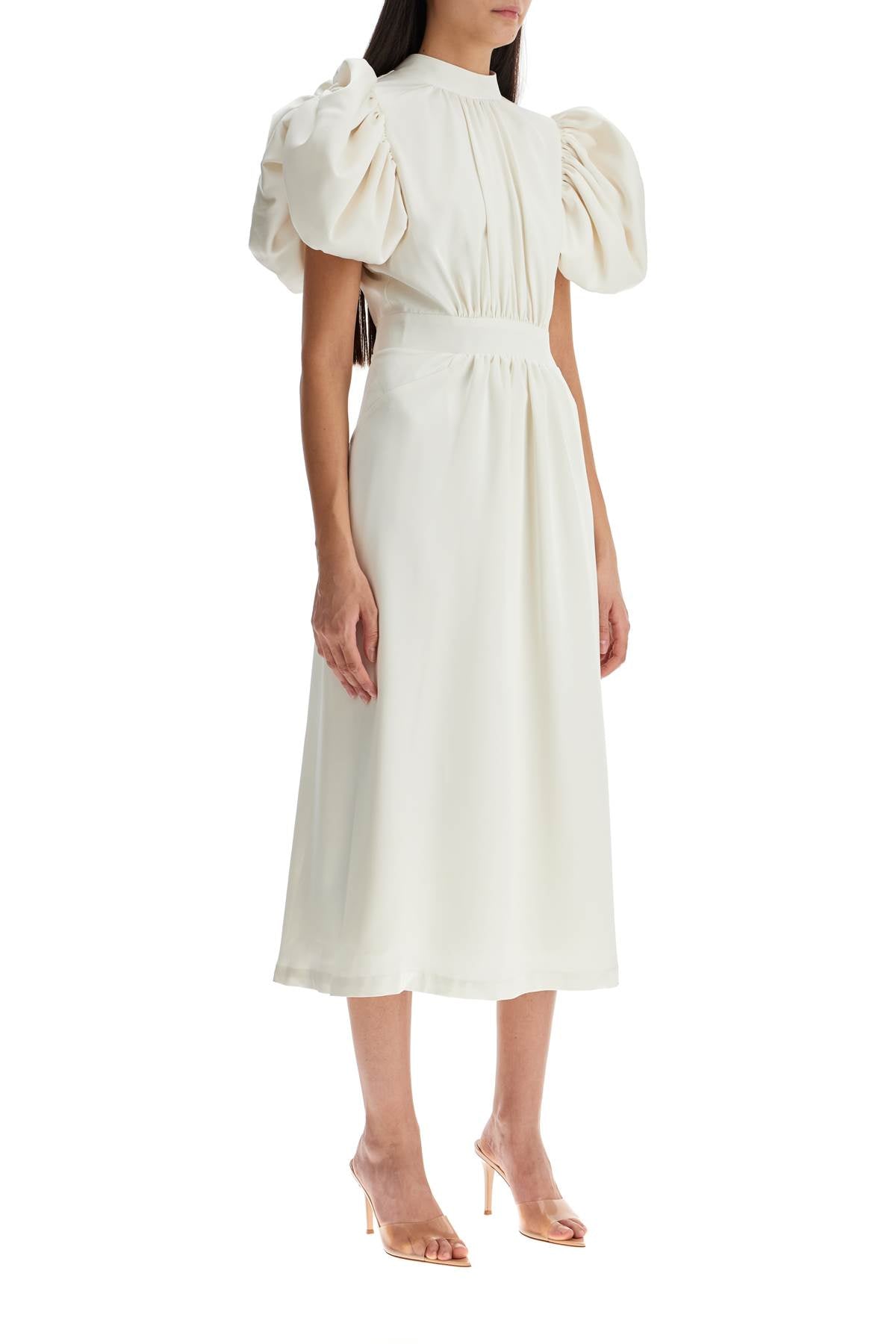 Midi Satin Dress With Puff Sleeves  - White