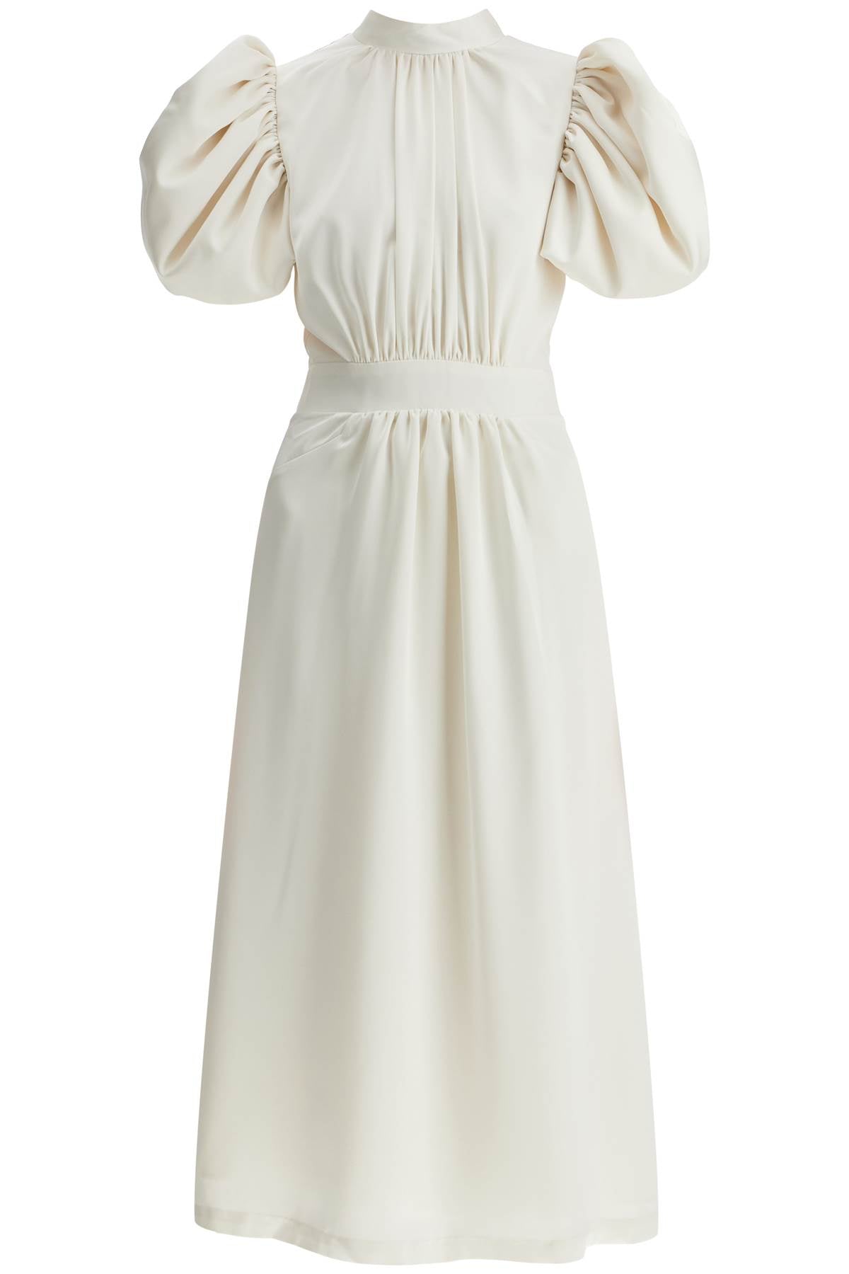 Midi Satin Dress With Puff Sleeves  - White