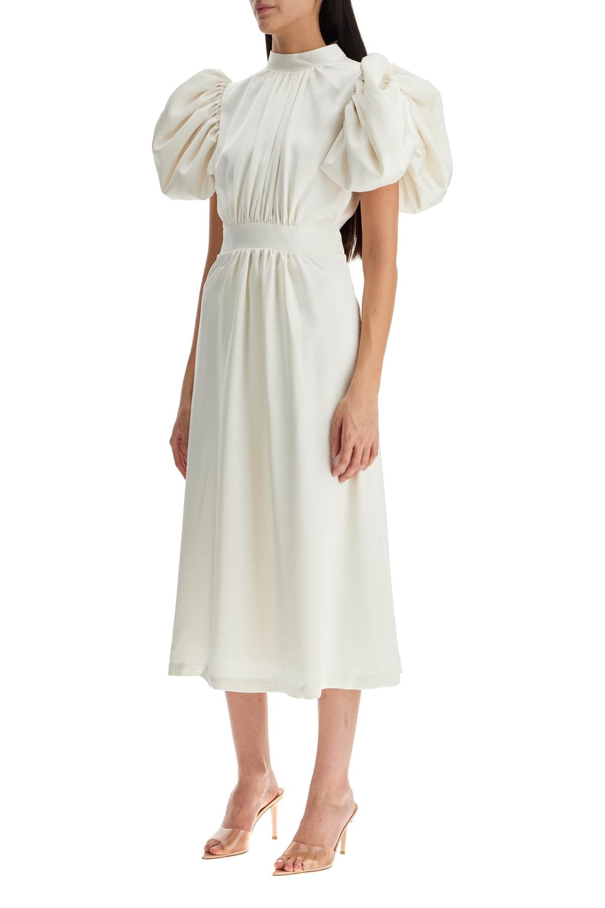 Midi Satin Dress With Puff Sleeves  - White