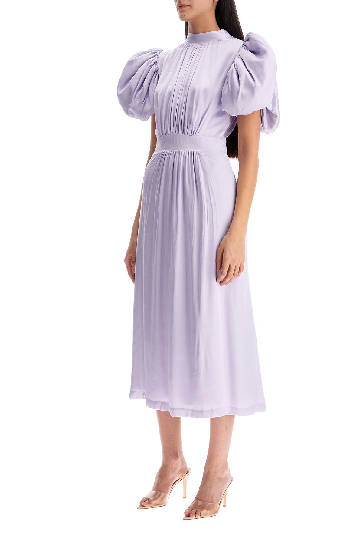 Midi Satin Dress With Puff Sleeves  - Purple