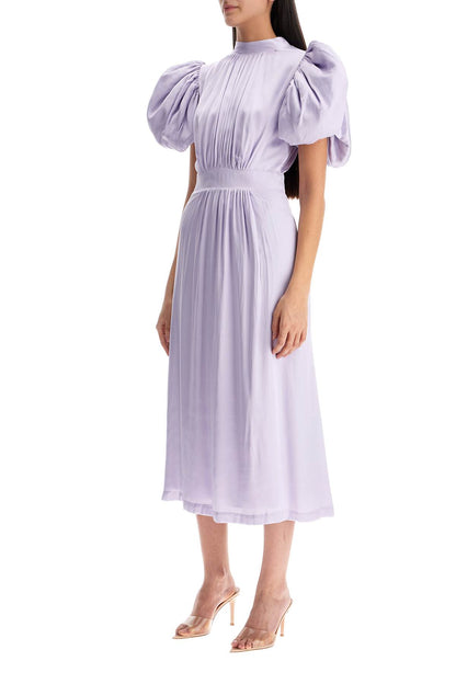 Midi Satin Dress With Puff Sleeves  - Purple