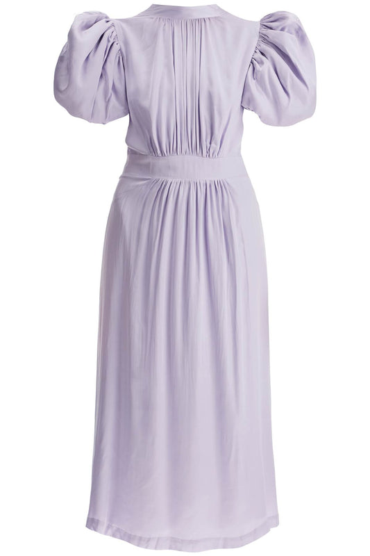 Midi Satin Dress With Puff Sleeves  - Purple