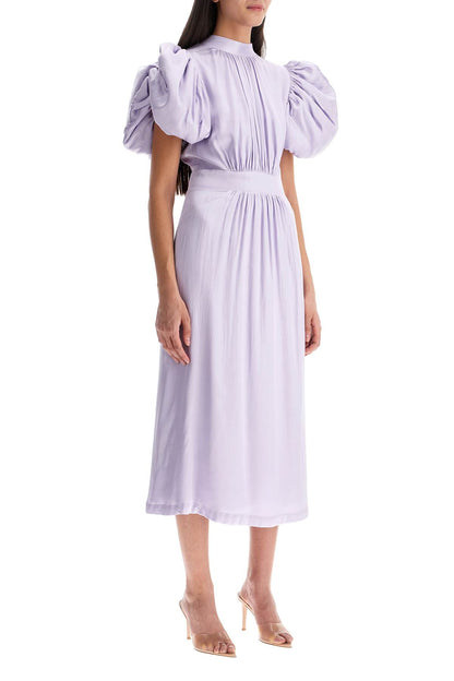 Midi Satin Dress With Puff Sleeves  - Purple