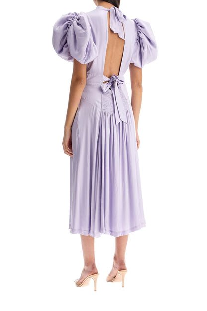 Midi Satin Dress With Puff Sleeves  - Purple