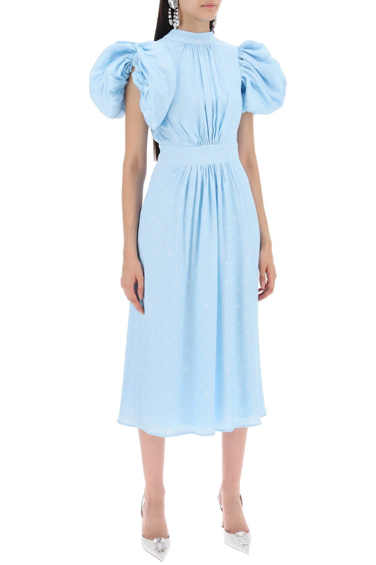 Polka Dot Midi Dress With Balloon Sleeves  - Light Blue