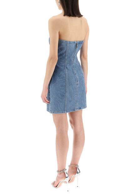 Denim Mini Dress With Rhin  - Blue