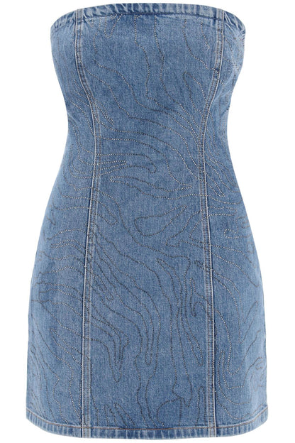 Denim Mini Dress With Rhin  - Blue