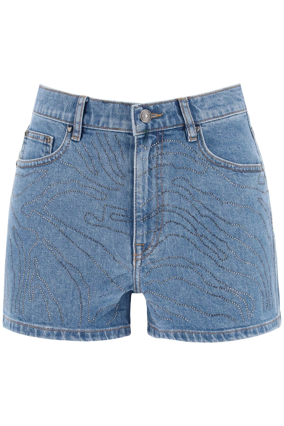 Denim Shorts With Rhinestone  - Blue