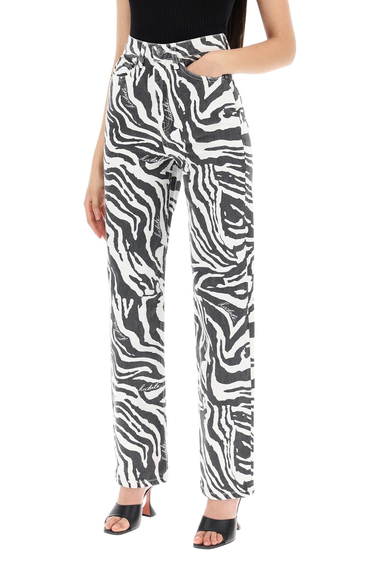 Straight Leg Zebra Print Jeans  - White