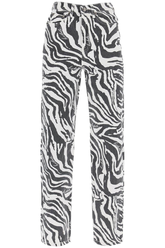 Straight Leg Zebra Print Jeans  - White