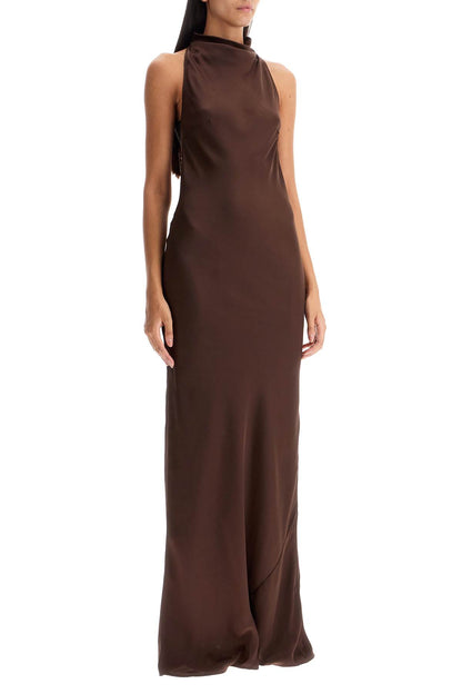 Long Satin And Lace Dress  - Marrone