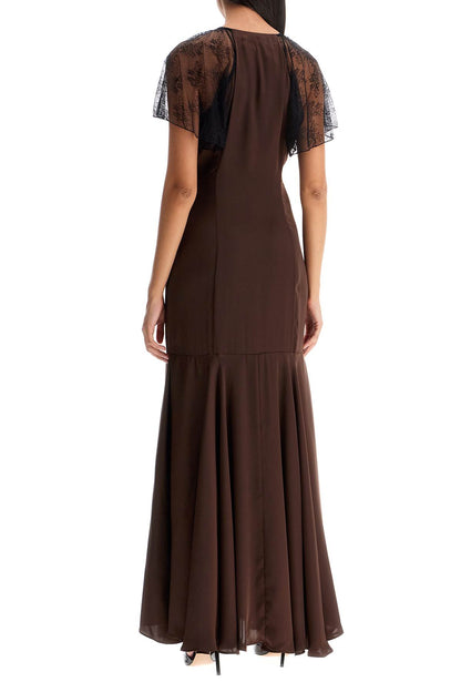 Long Satin And Lace Dress  - Brown