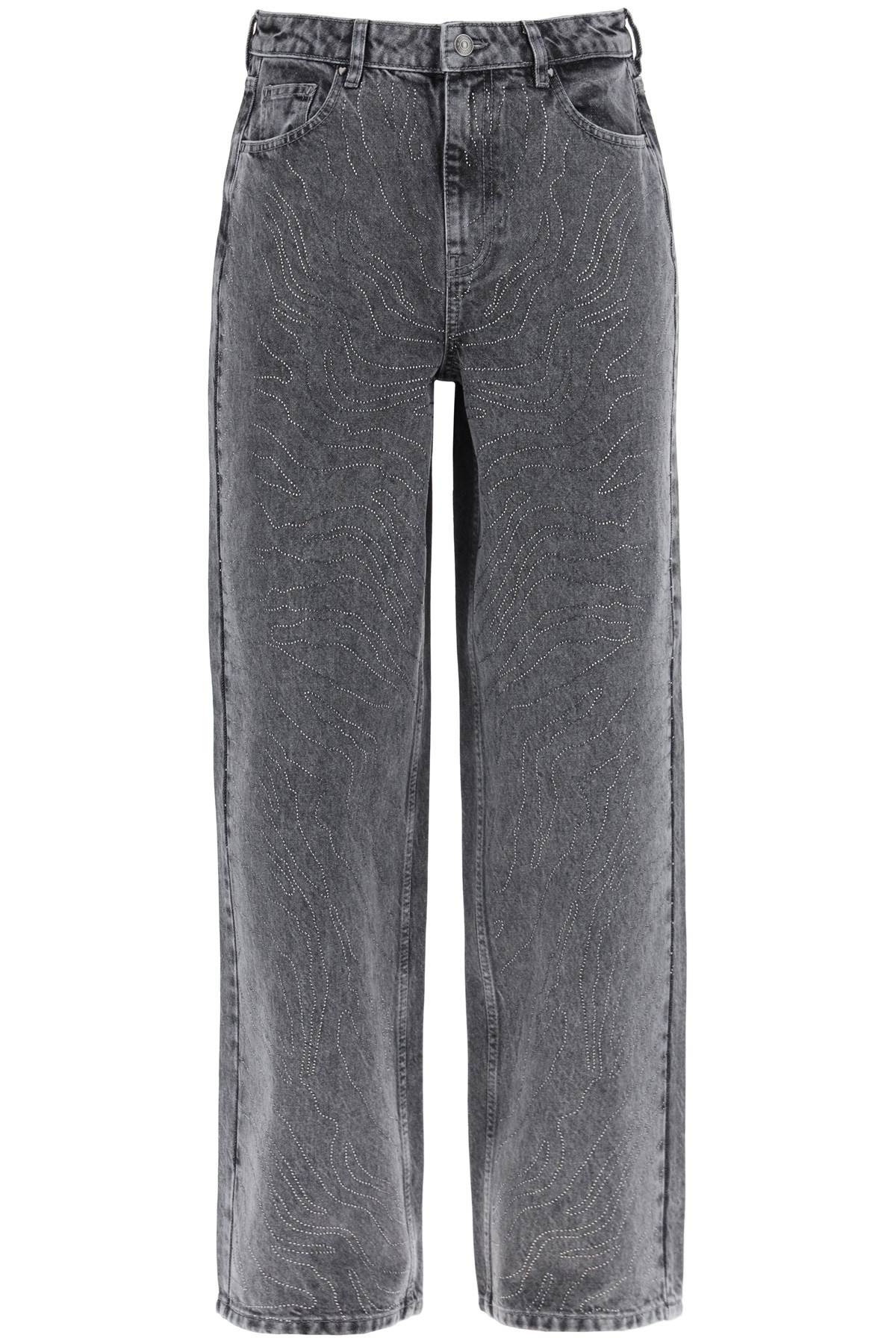 Wide Leg Jeans With Rhinest  - Grey