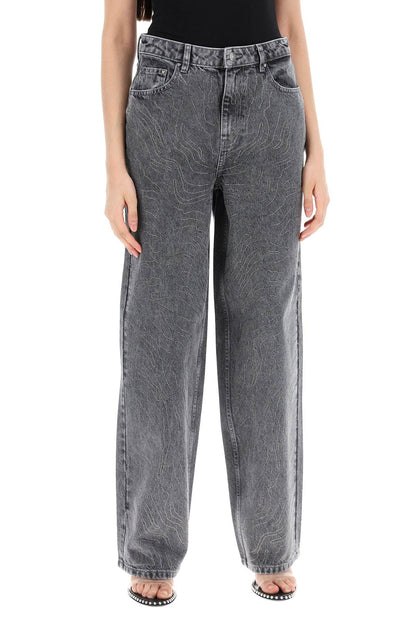 Wide Leg Jeans With Rhinest  - Grey