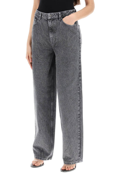 Wide Leg Jeans With Rhinest  - Grey