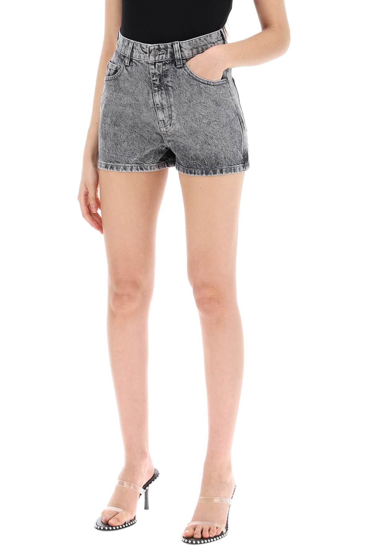 Denim Shorts With Rhinestone  - Grigio