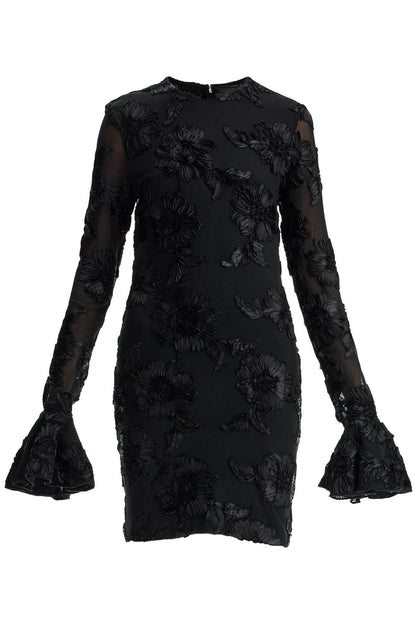 'mesh Mini Dress With Embroidered Flower Details  - Black