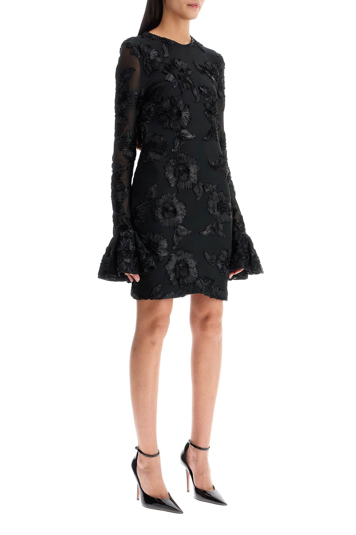 'mesh Mini Dress With Embroidered Flower Details  - Black