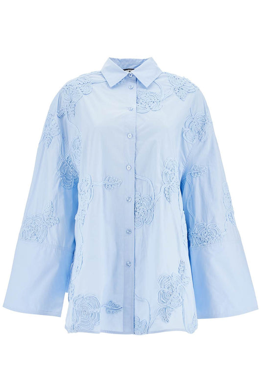 Light Blue Cotton Shirt With Embossed Floral Pattern  - Blue