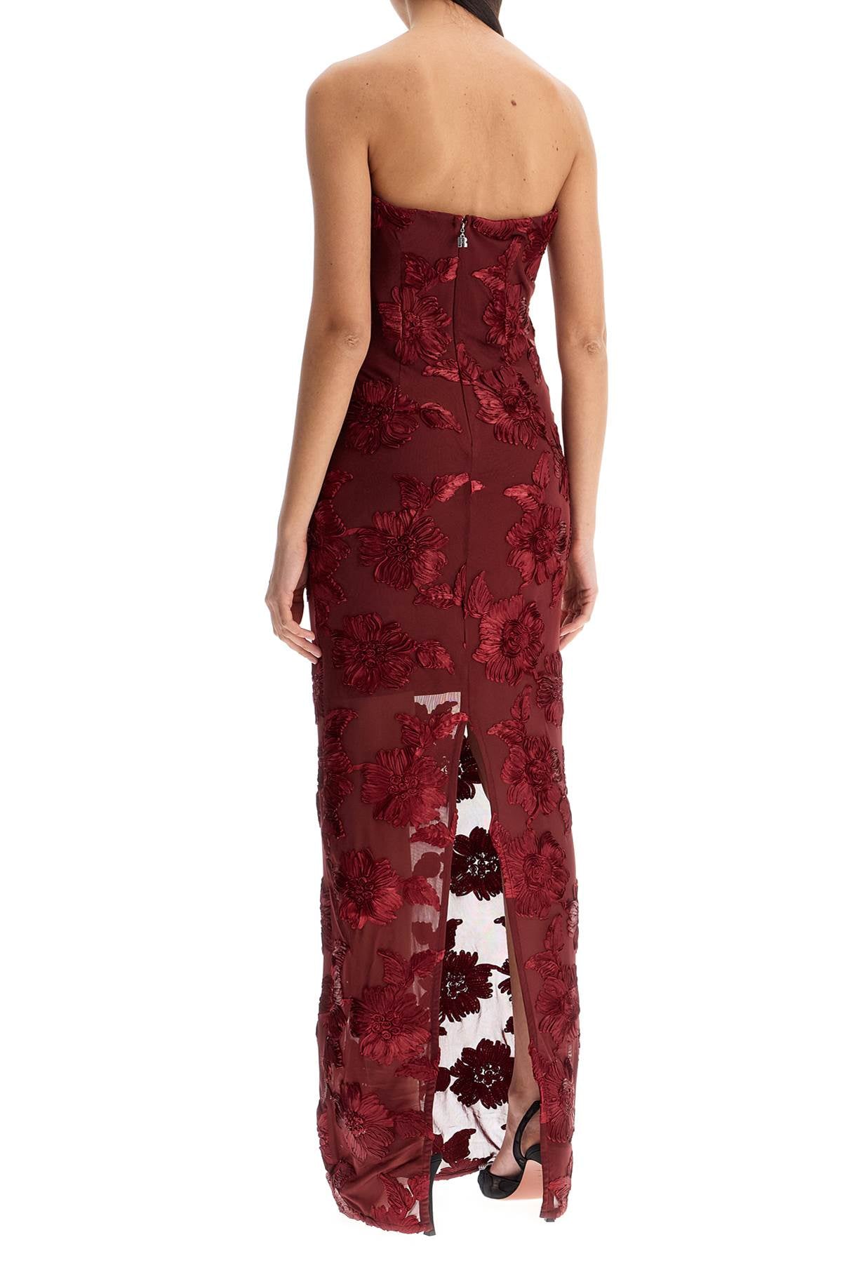 Long Mesh Dress With Embroidered Flowers.  - Red