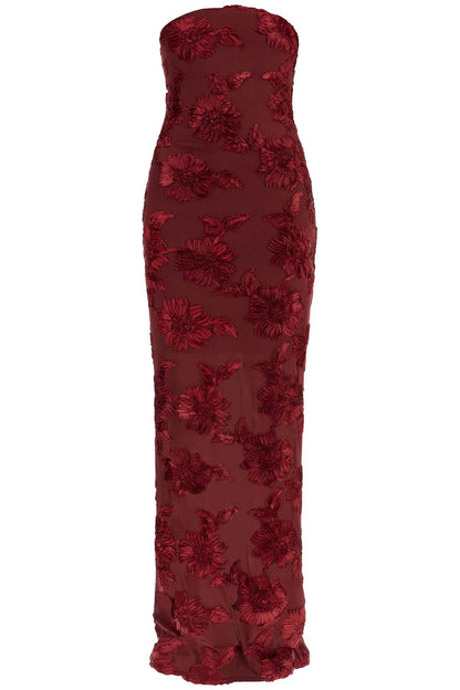 Long Mesh Dress With Embroidered Flowers.  - Red