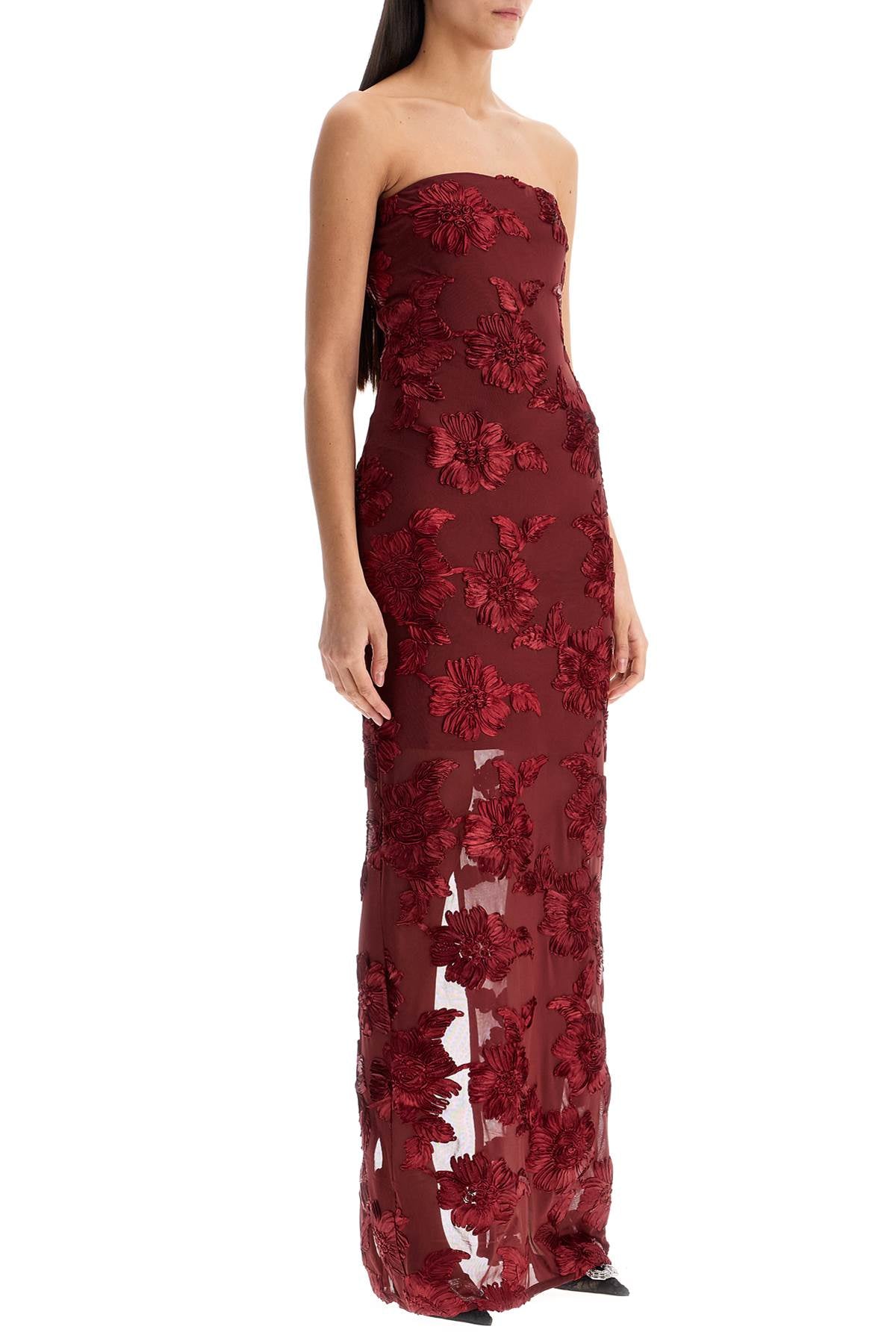 Long Mesh Dress With Embroidered Flowers.  - Red