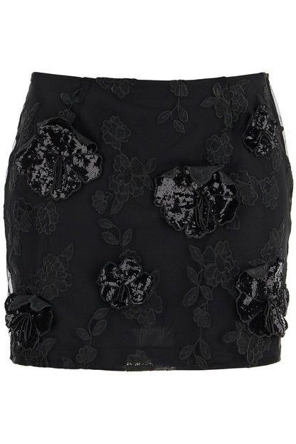 Mini Skirt In Recycled Black Polyester Mesh With Floral Pattern  - Black