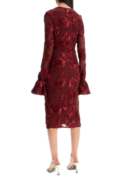 'embroidered Floral Mesh Midi Dress With  - Red