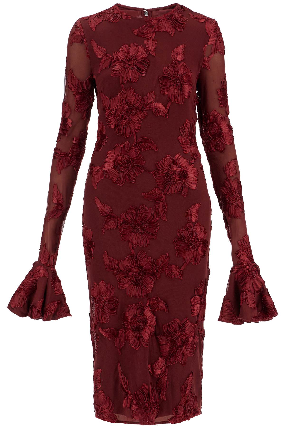 'embroidered Floral Mesh Midi Dress With  - Red