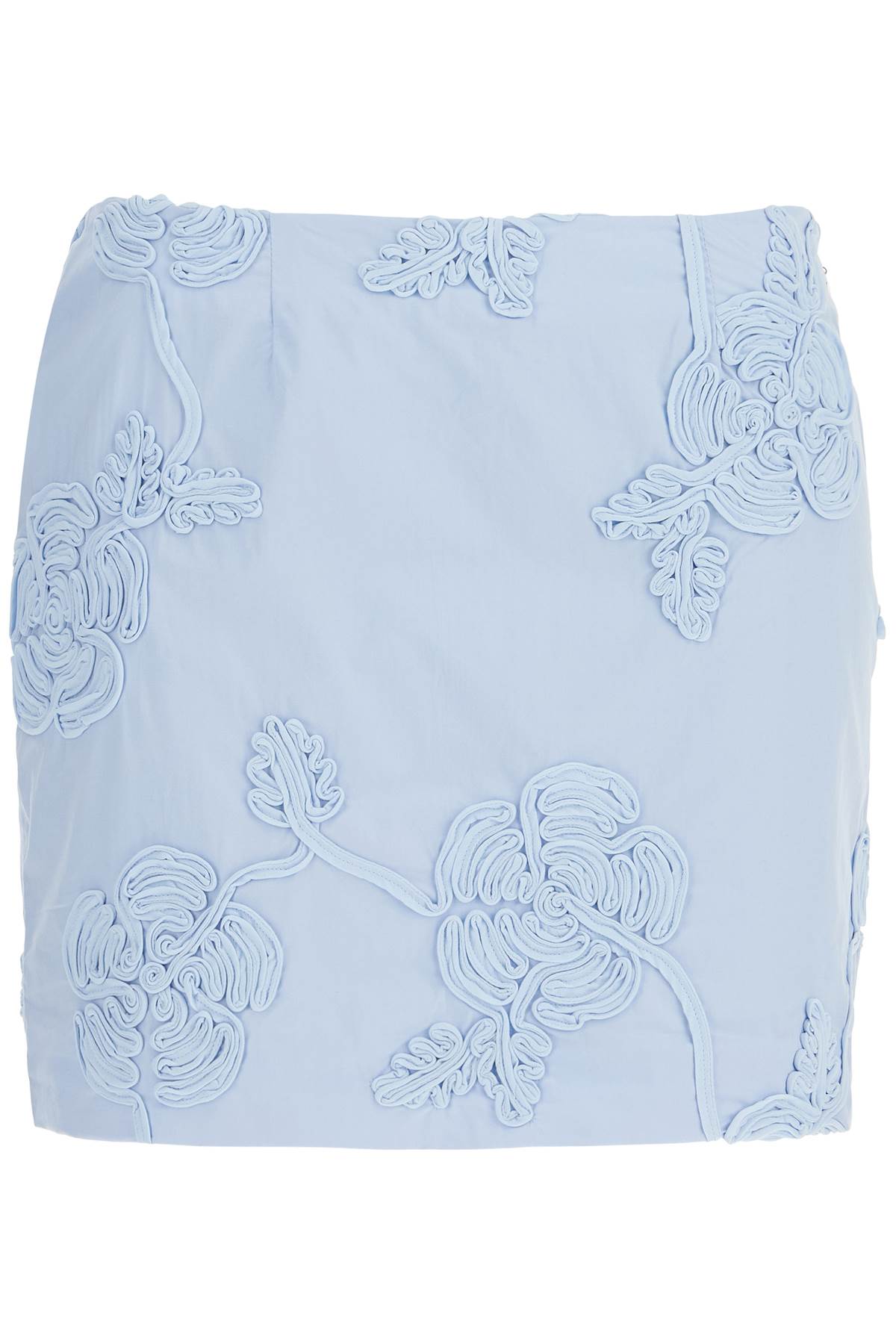 Light Blue Cotton Mini Skirt With 3d Floral Embroidery  - Blue