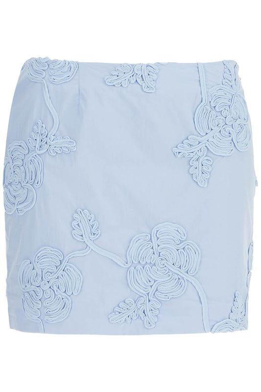 Light Blue Cotton Mini Skirt With 3d Floral Embroidery  - Blue