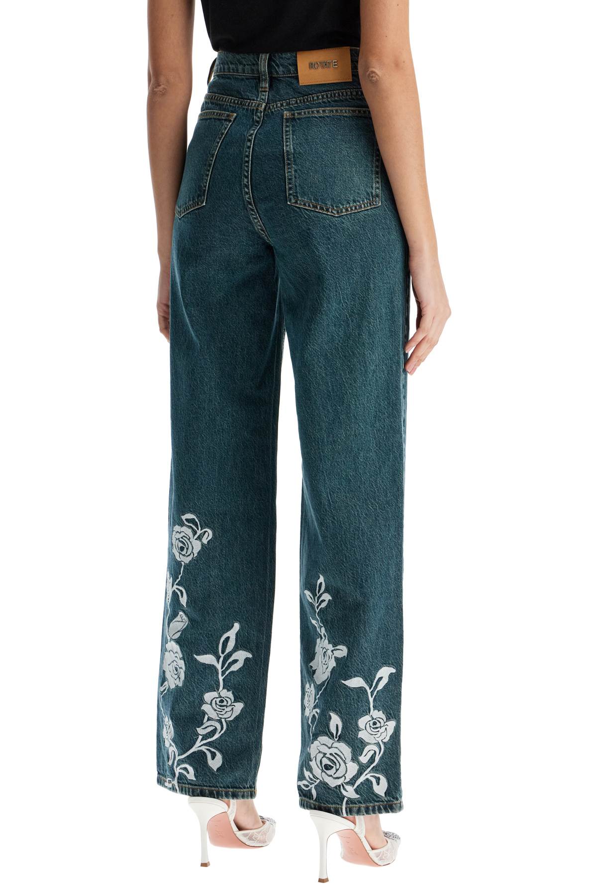 Jeans In Denim Steel Blue With Floral Details  - Blue