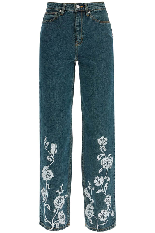 Jeans In Denim Steel Blue With Floral Details  - Blue