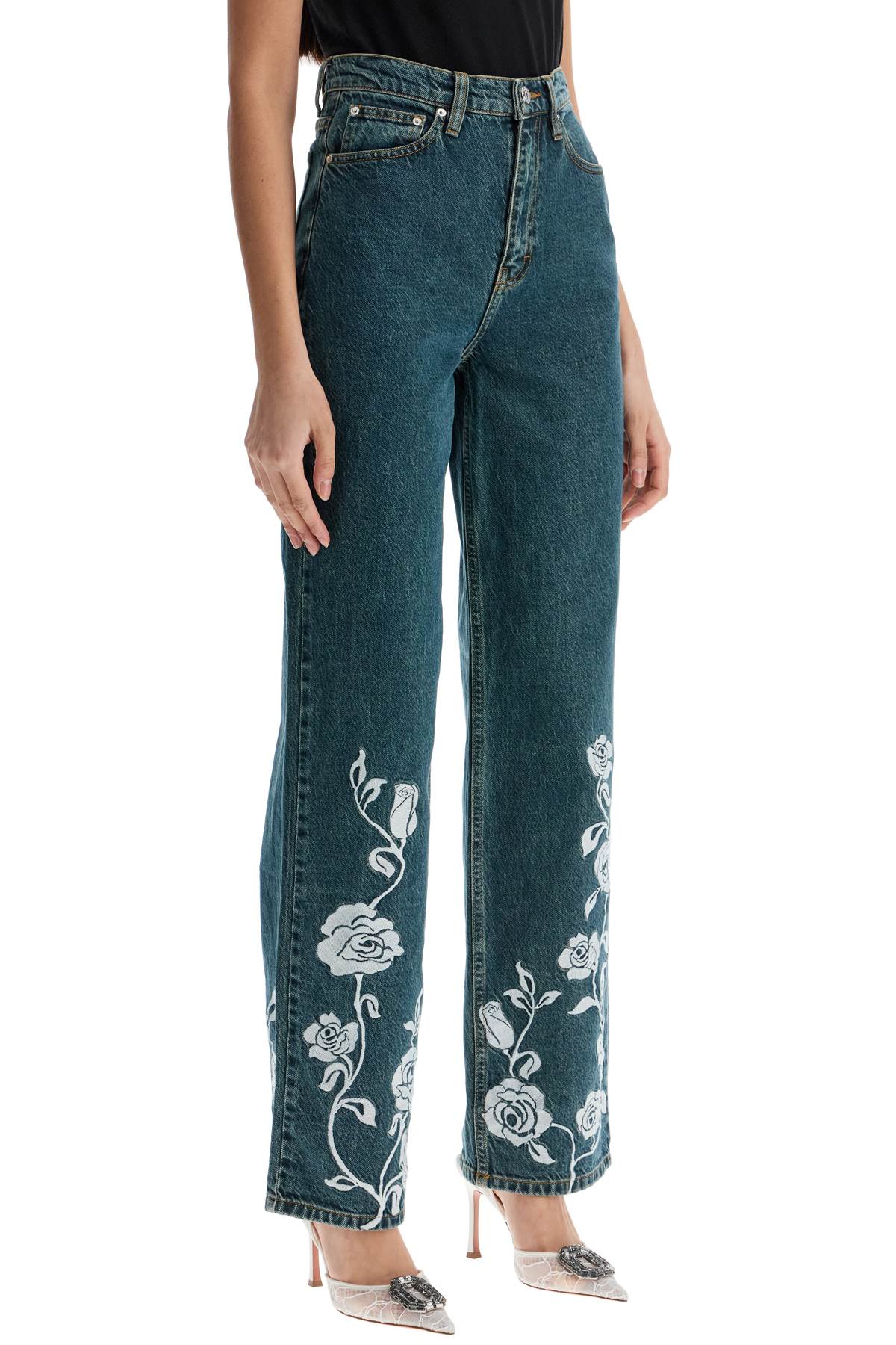 Jeans In Denim Steel Blue With Floral Details  - Blue