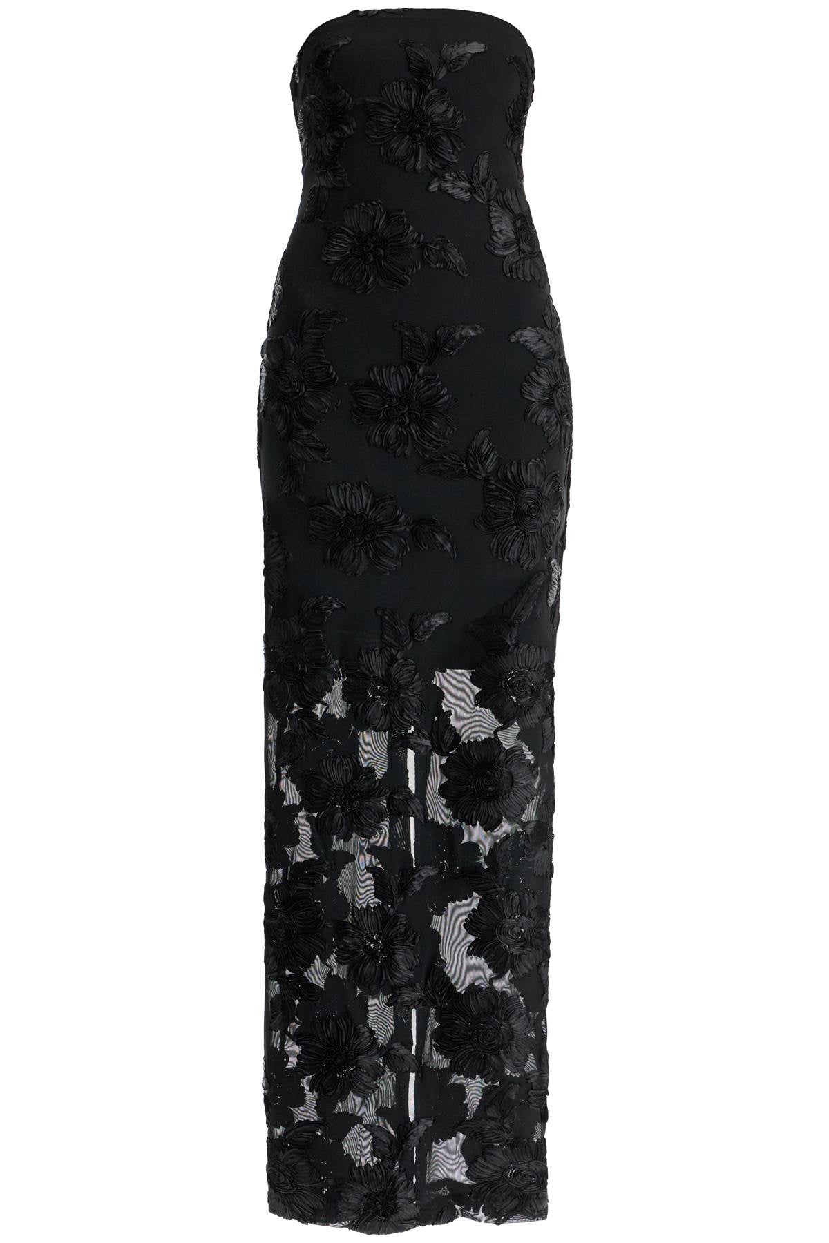 Long Mesh Dress With Embroidered Flowers.  - Black