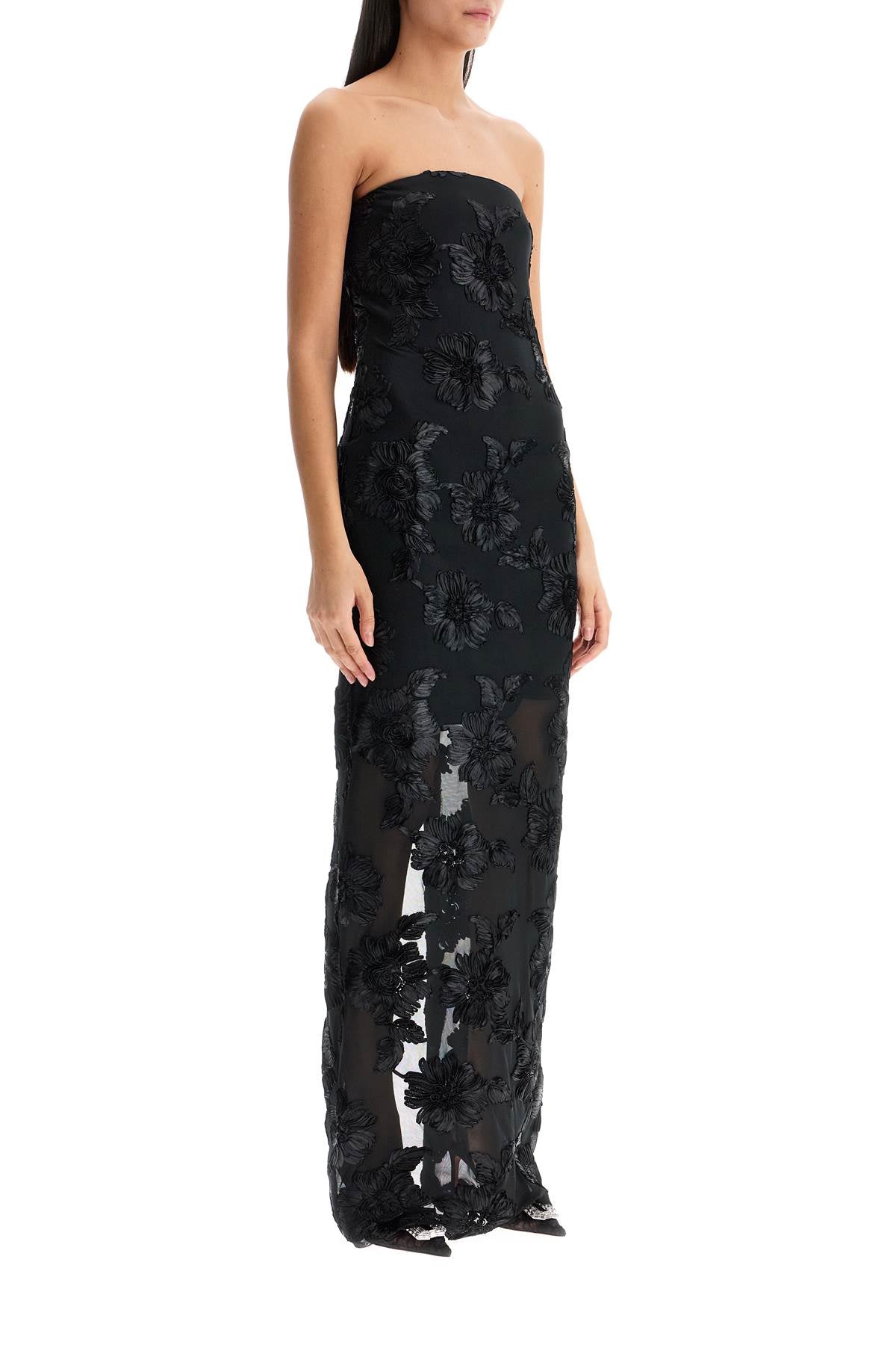 Long Mesh Dress With Embroidered Flowers.  - Black