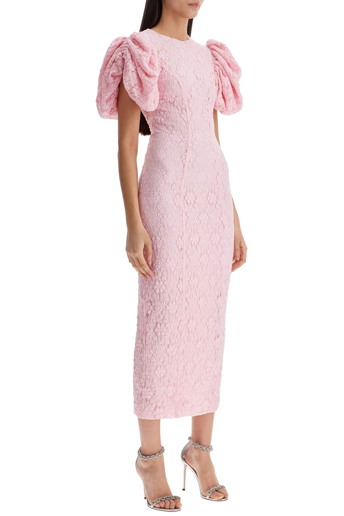 Pink Floral Midi Dress With Puff Sleeves In Mixed Materials  - Pink