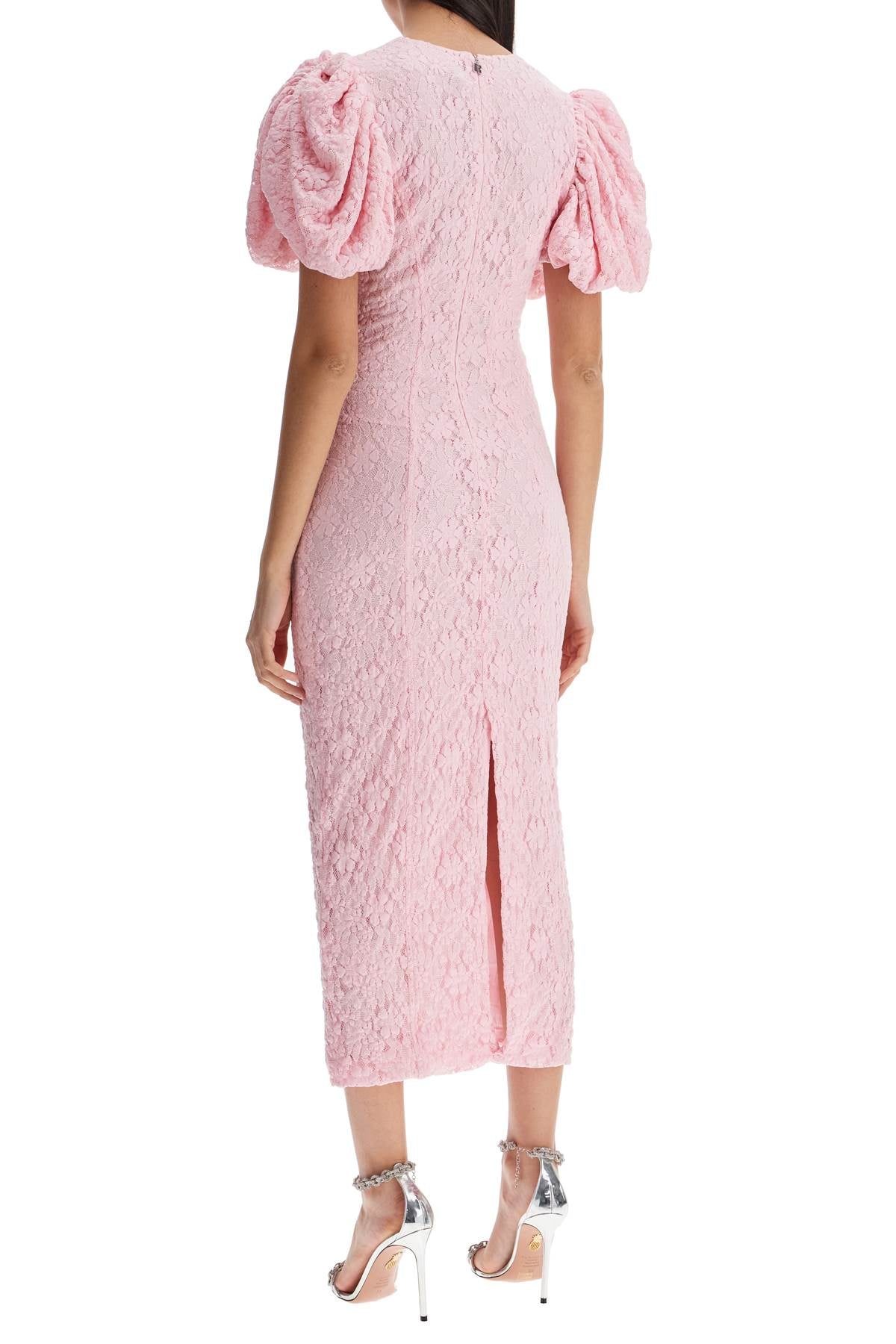 Pink Floral Midi Dress With Puff Sleeves In Mixed Materials  - Pink