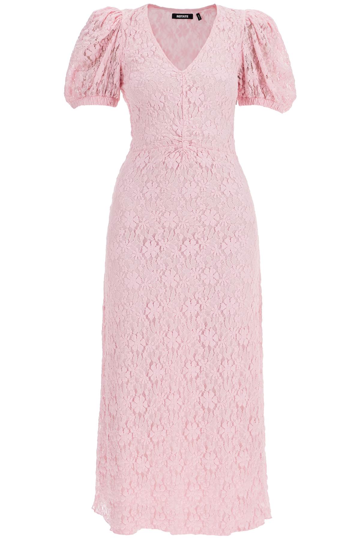 Pink Lace Midi Dress With Puff Sleeves  - Pink