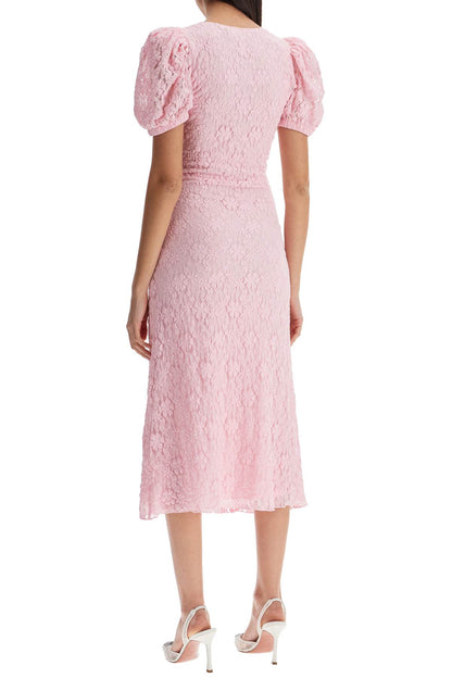 Pink Lace Midi Dress With Puff Sleeves  - Pink