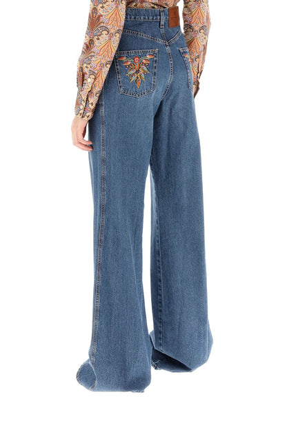 Jeans With Back Foliage Embroidery  - Celeste