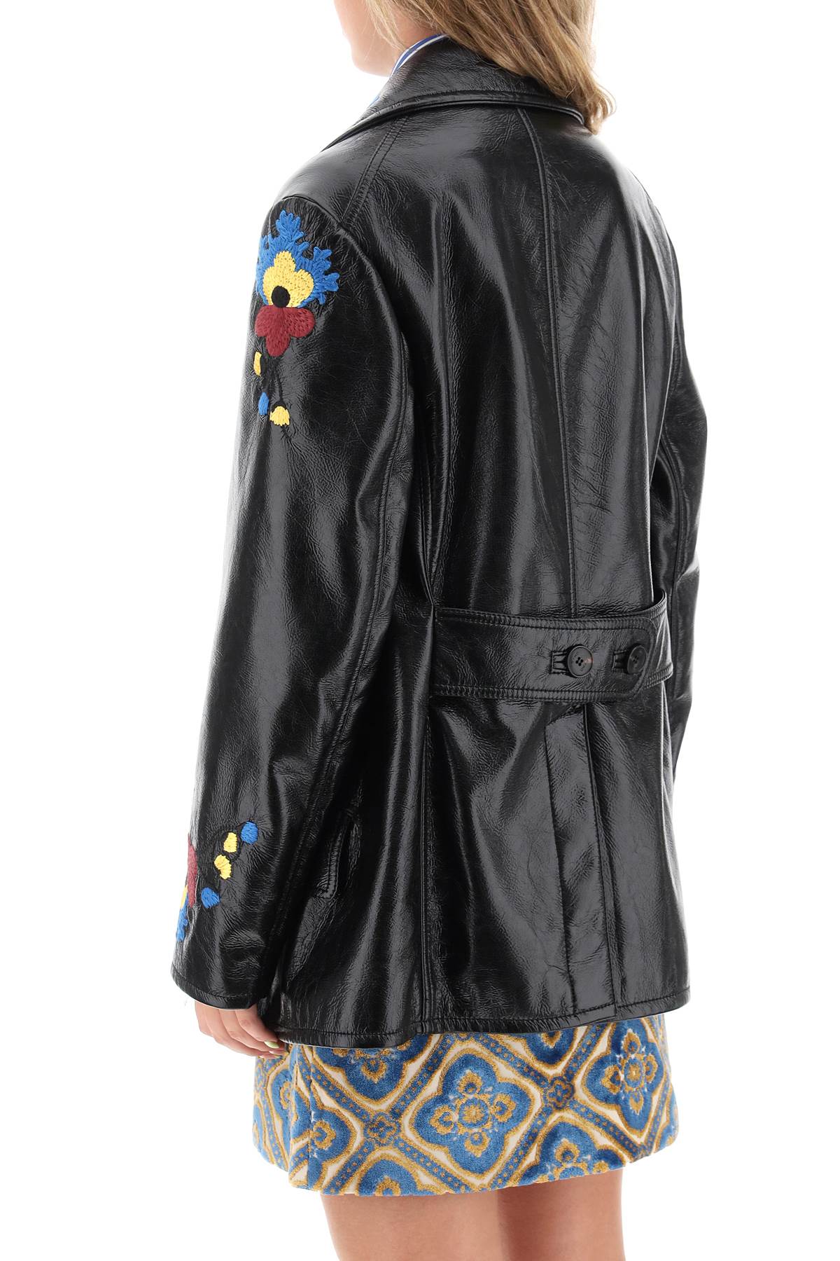 Jacket In Patent Faux Leather With Floral Embroideries  - Nero