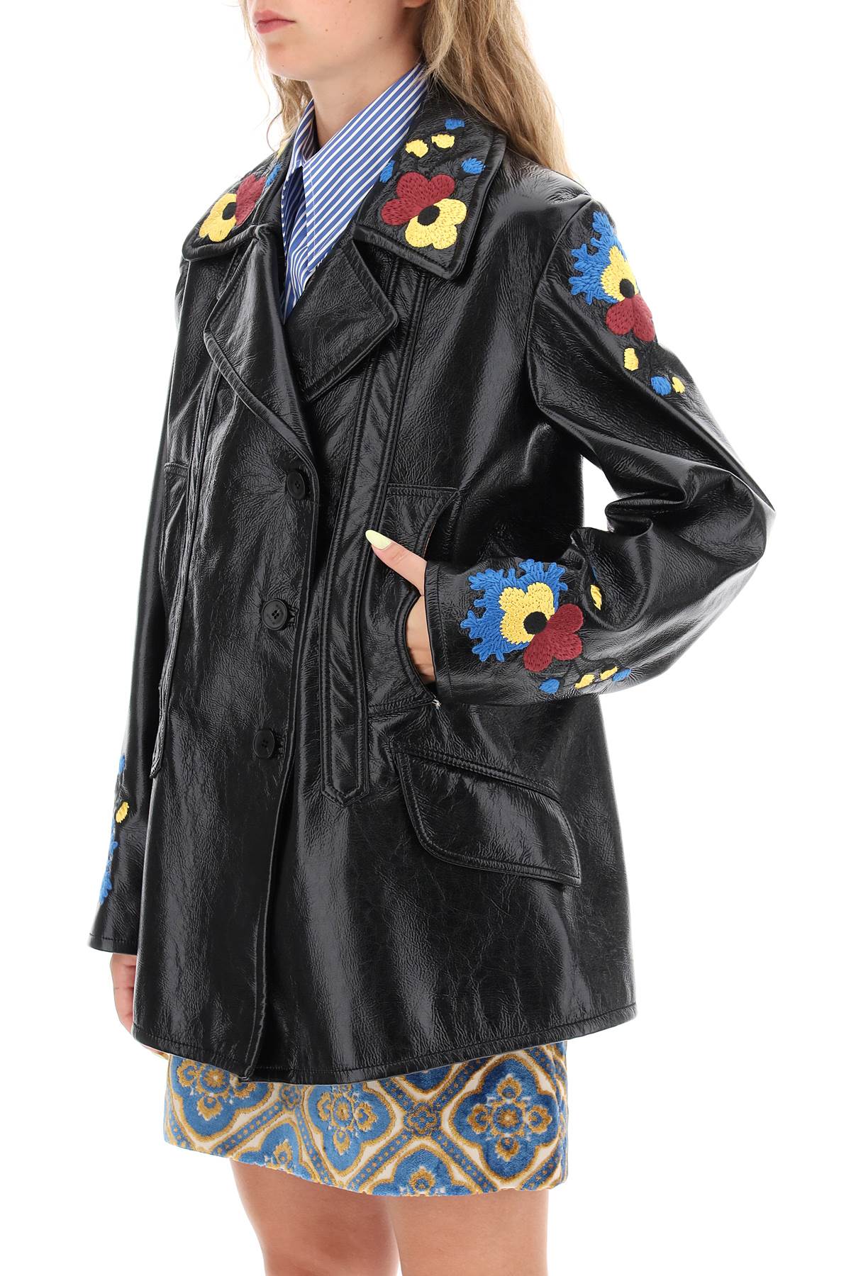 Jacket In Patent Faux Leather With Floral Embroideries  - Nero